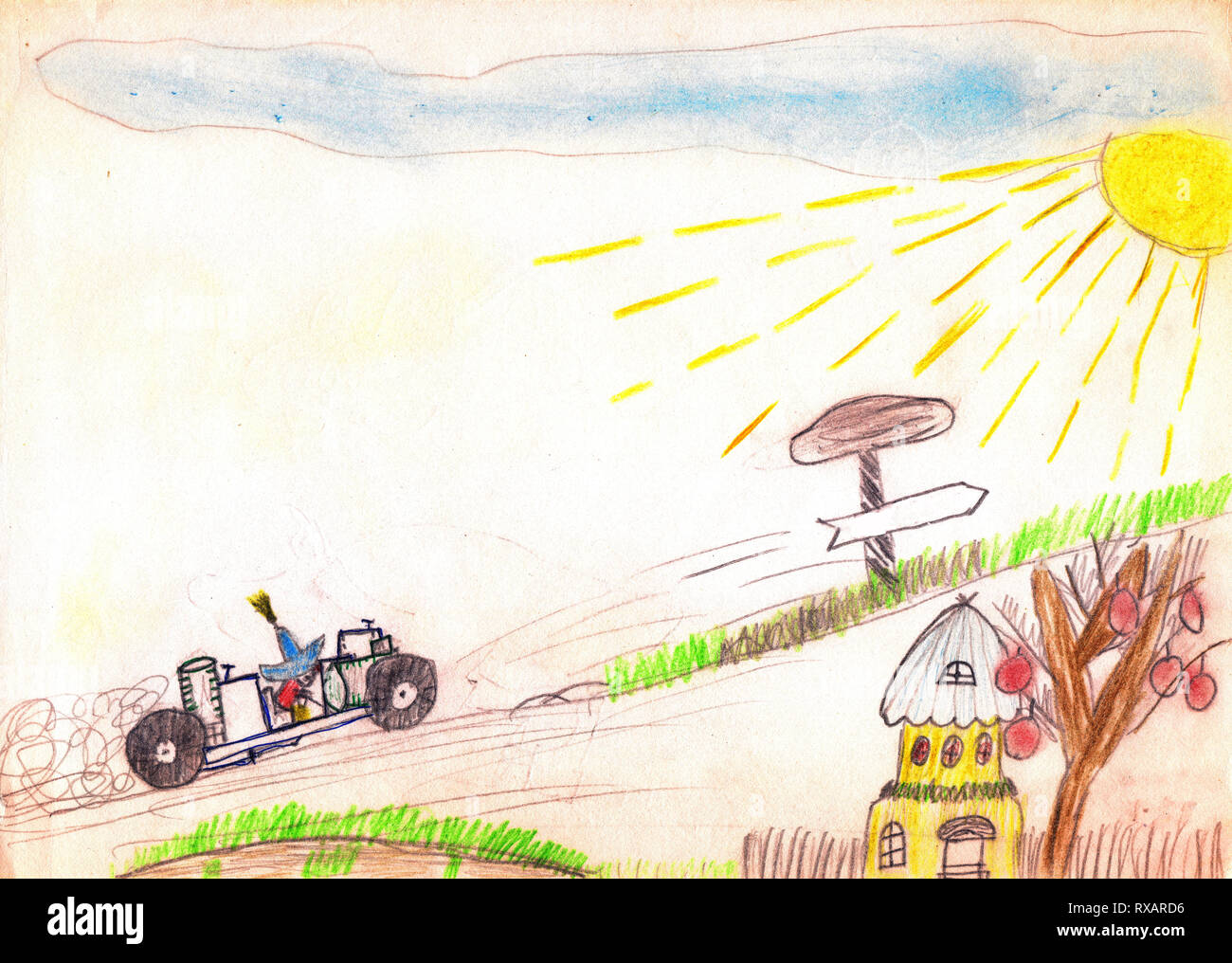 Fairy tale character Neznayka on the car, going uphill. Yellow sun, blue sky, small house, road sing. Child drawing, crayon Stock Photo