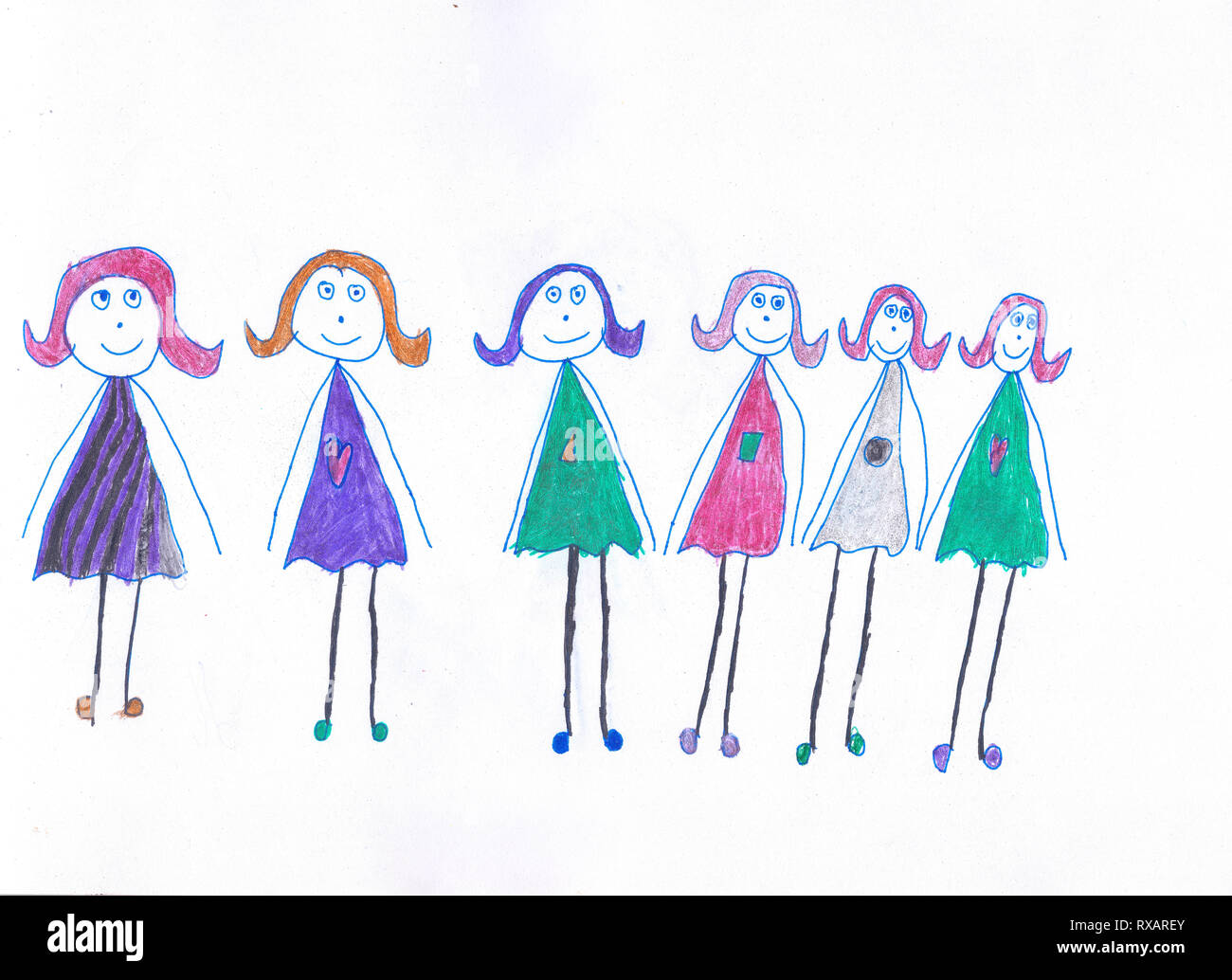 Six girls in multicolored different dresses with hearts and hairs. Child drawing, pens Stock Photo