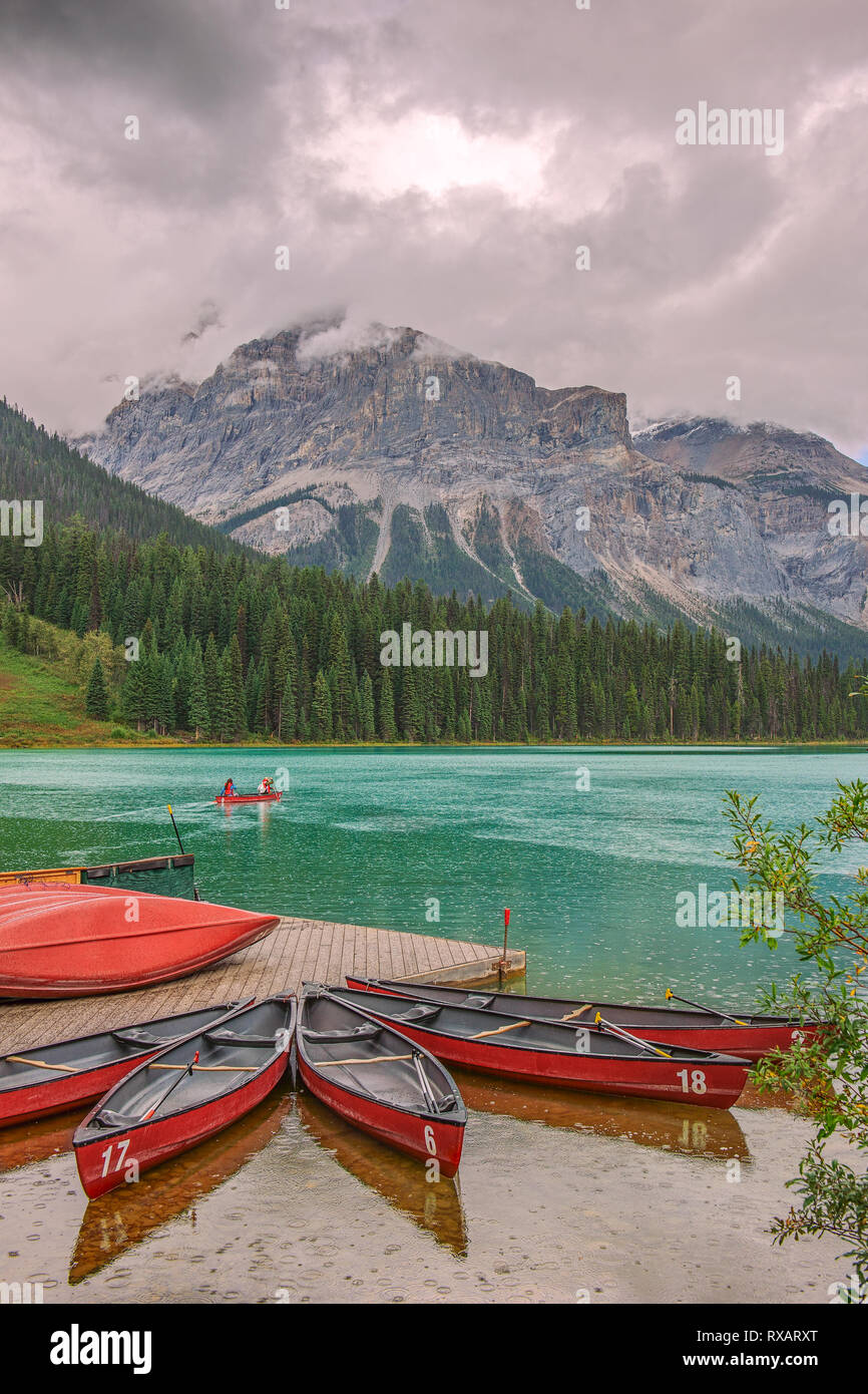 Boating on Emerald lake during the rain. Michael peak is in the