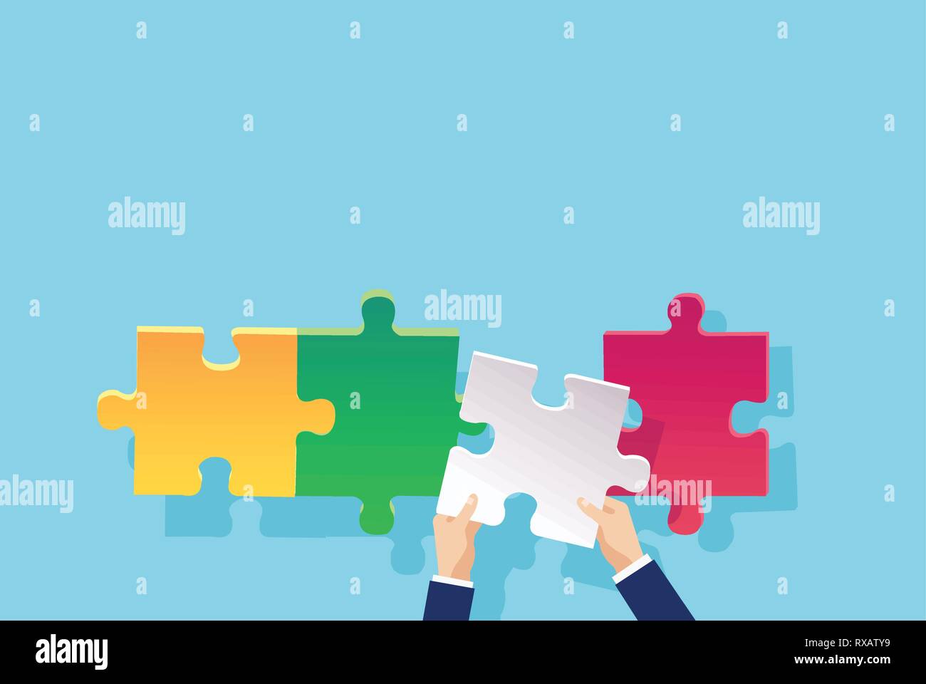 Business team concept. Vector of a businessman hand adding a puzzle piece Stock Vector