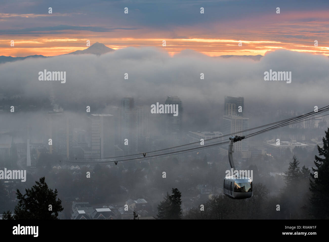 Portland aerial tram, fog and Mt. Hood, Portland, Oregon. Stock Photo