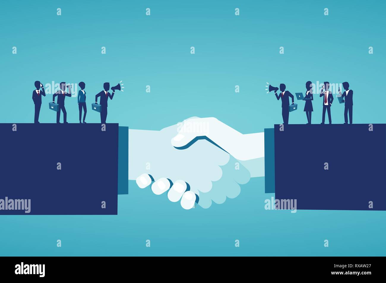 Businesss collaborations concept. Vector of businesspeople reaching an agreement after successful negotiations Stock Vector