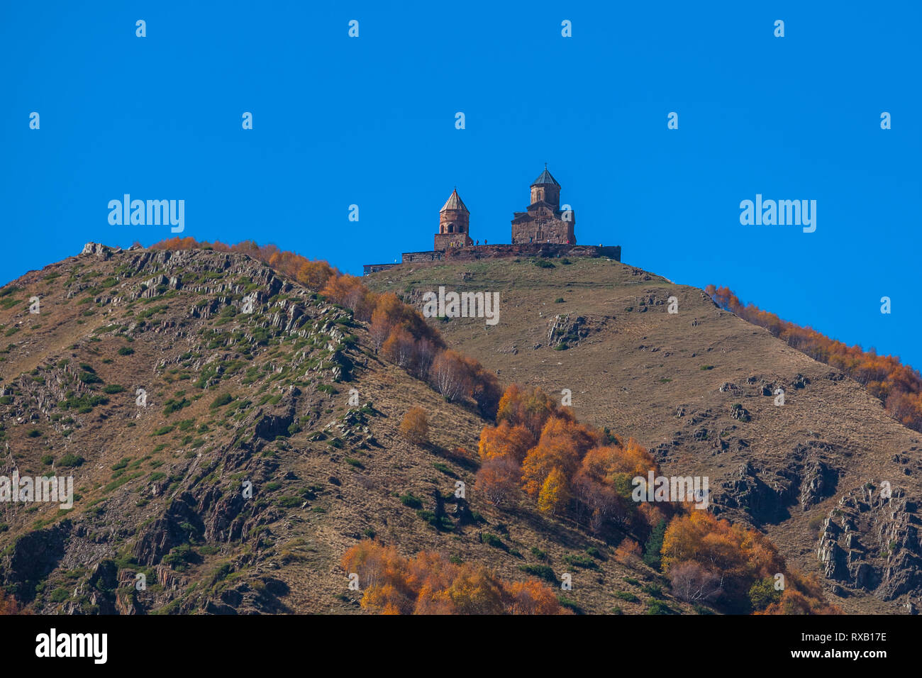 Gergeti Trinity Church in the mountains of the Caucasus, Geogria Stock Photo
