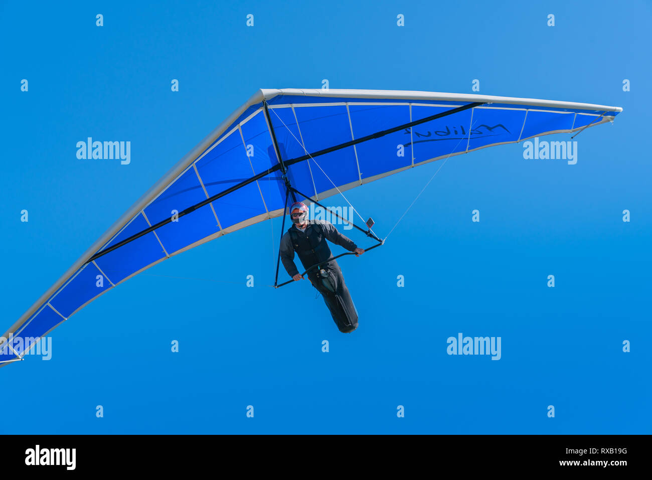 TAURANGA NEW ZEALAND FRBRUARY 9 2019; Hang glider pilot flying