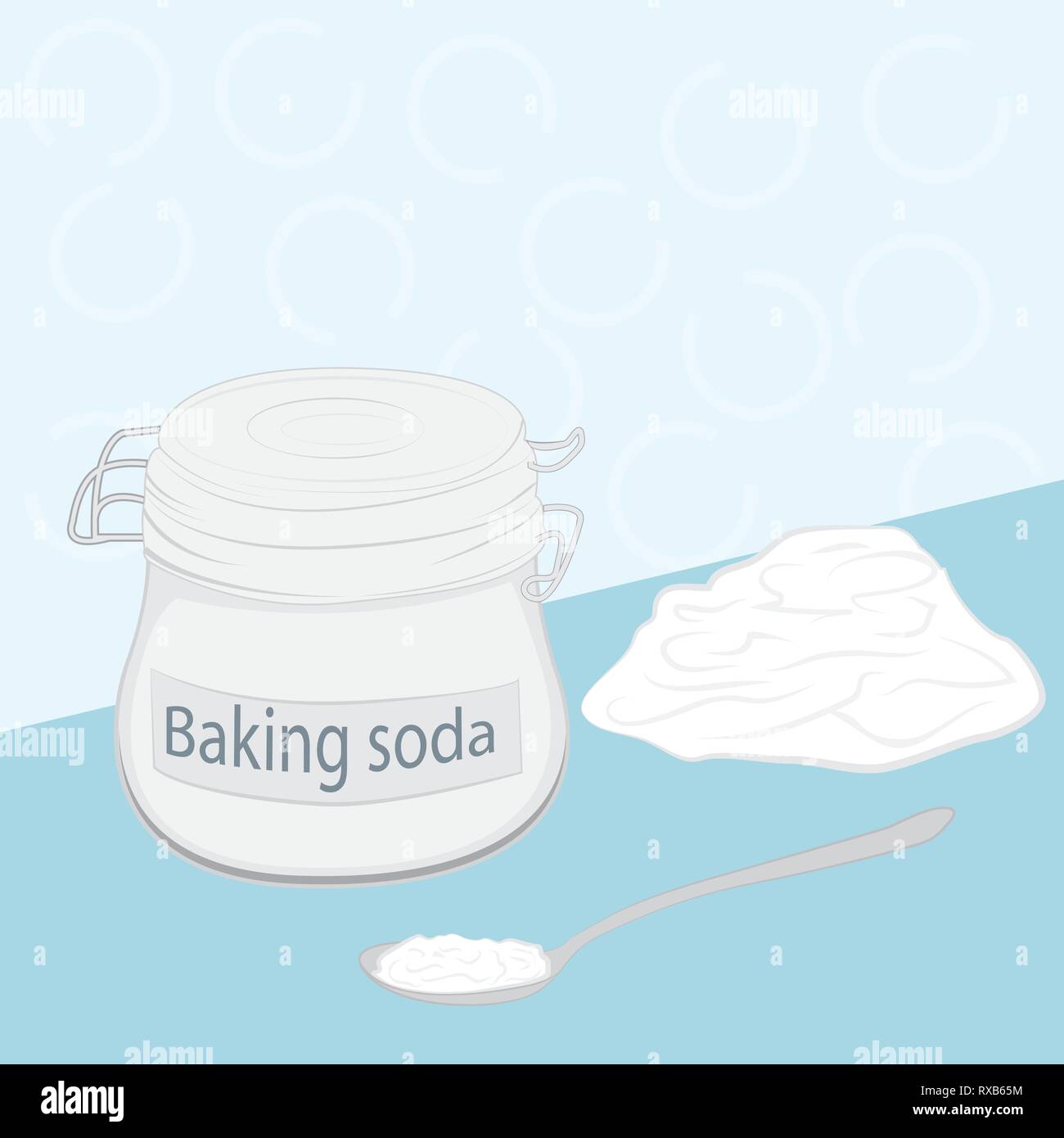 Baking soda in a glass jar and in a spoon on a table vector