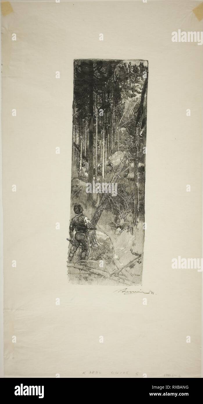 Falling Pines. Louis Auguste Lepère (French, 1849-1918); published by A. Desmoulins (French, active c. 1908-1910). Date: 1908. Dimensions: 208 × 71 mm (image); 348 × 186 mm (sheet). Wood engraving in black on cream laid Japanese paper. Origin: France. Museum: The Chicago Art Institute. Stock Photo