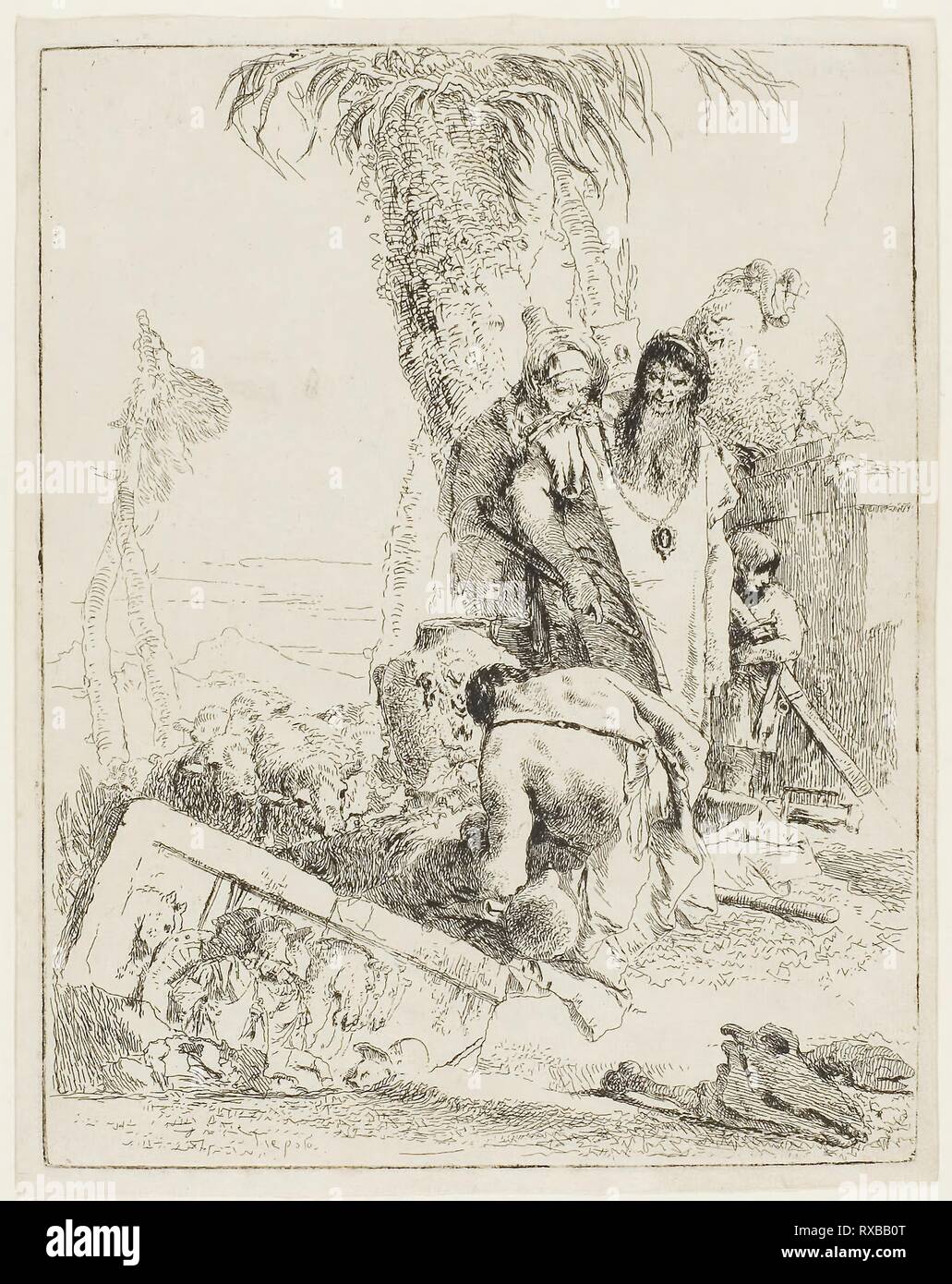 A Shepherd with Two Magicians, from Scherzi. Giambattista Tiepolo; Italian, 1696-1770. Date: 1735-1740. Dimensions: 222 x 174 mm (plate); 230 x 184 mm (sheet). Etching on paper. Origin: Italy. Museum: The Chicago Art Institute. Stock Photo