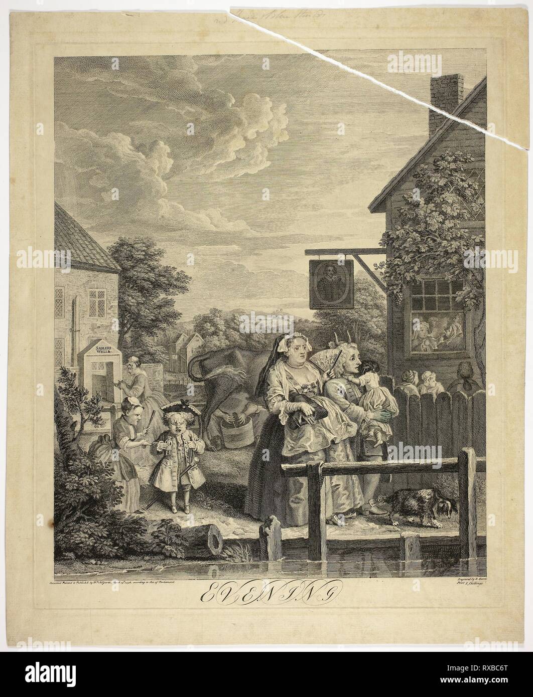 Evening, plate three from The Four Times of Day. Bernard Baron (French, 1696-1762); after William Hogarth (English, 1697-1764). Date: 1738. Dimensions: 450 × 372 mm (image); 483 × 402 mm (plate); 545 × 443 mm (sheet). Etching and engraving in black on cream laid paper. Origin: France. Museum: The Chicago Art Institute. Stock Photo