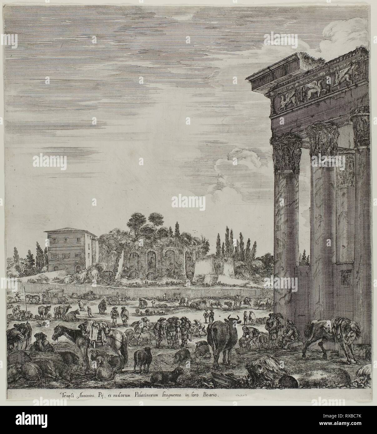 The Temple of Antonin and the Campo Vaccino. Stefano della Bella; Italian, 1610-1664. Date: 1654. Dimensions: 298 x 277 mm (image); 298 x 280 mm (sheet). Etching on ivory laid paper. Origin: Italy. Museum: The Chicago Art Institute. Stock Photo