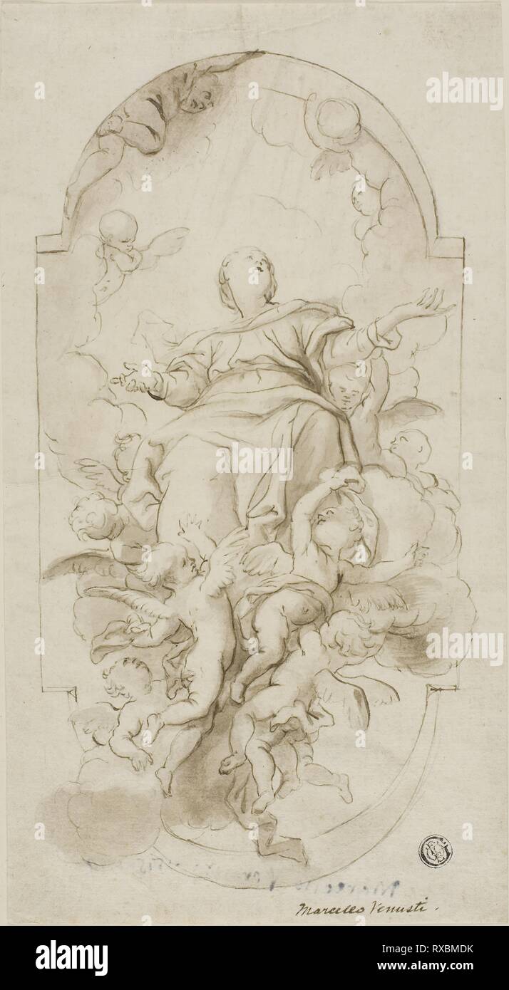 Assumption of the Virgin. Domenico Piola (Italian, 1627-1703); or Marcello Venusti (Italian, 1512/15-1579). Date: 1648-1703. Dimensions: 282 x 154 mm. Pen and brown ink, brush and brown wash, over black chalk, on ivory laid paper. Origin: Italy. Museum: The Chicago Art Institute. Stock Photo