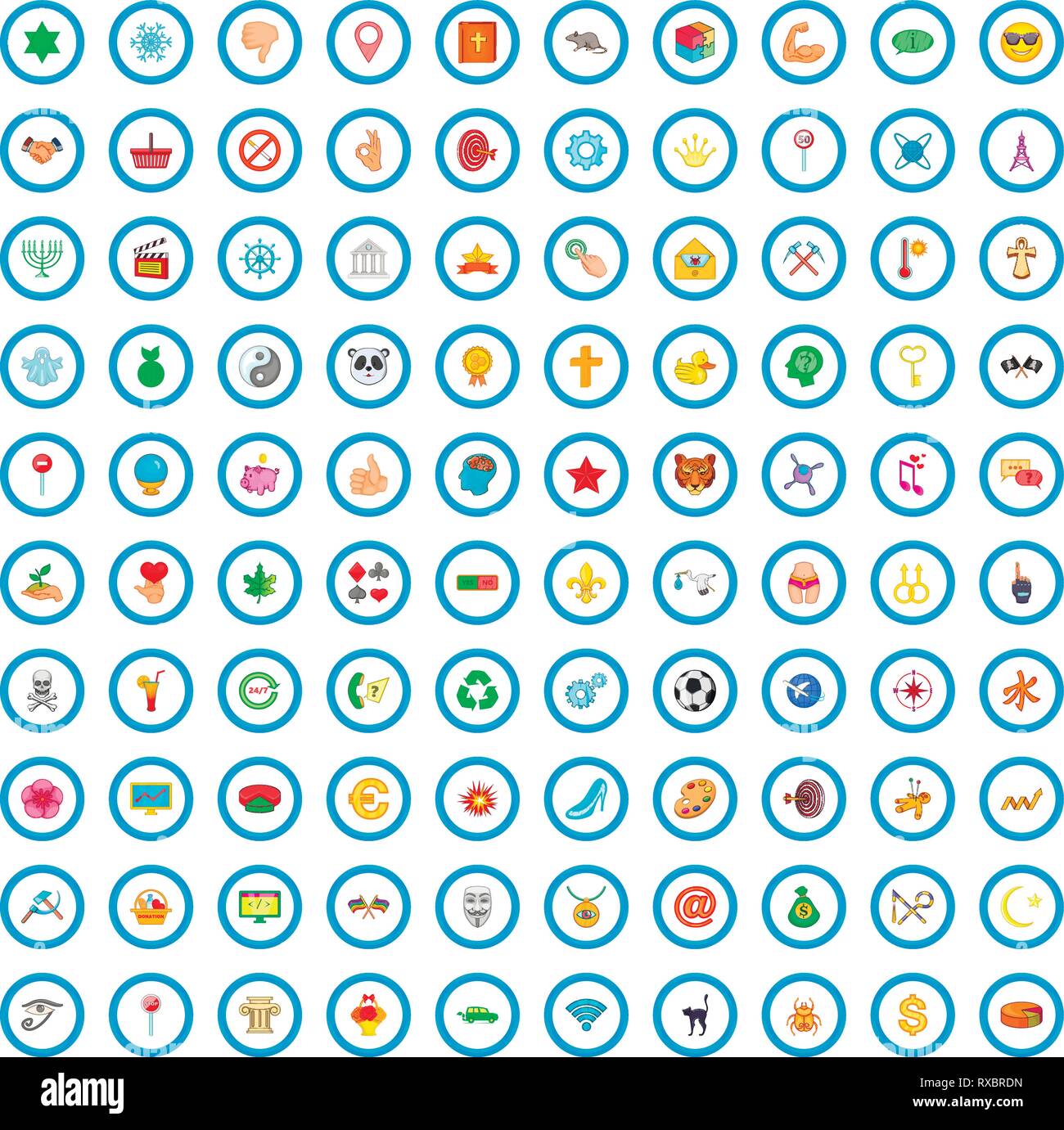 100 emblem icons set, cartoon style Stock Vector