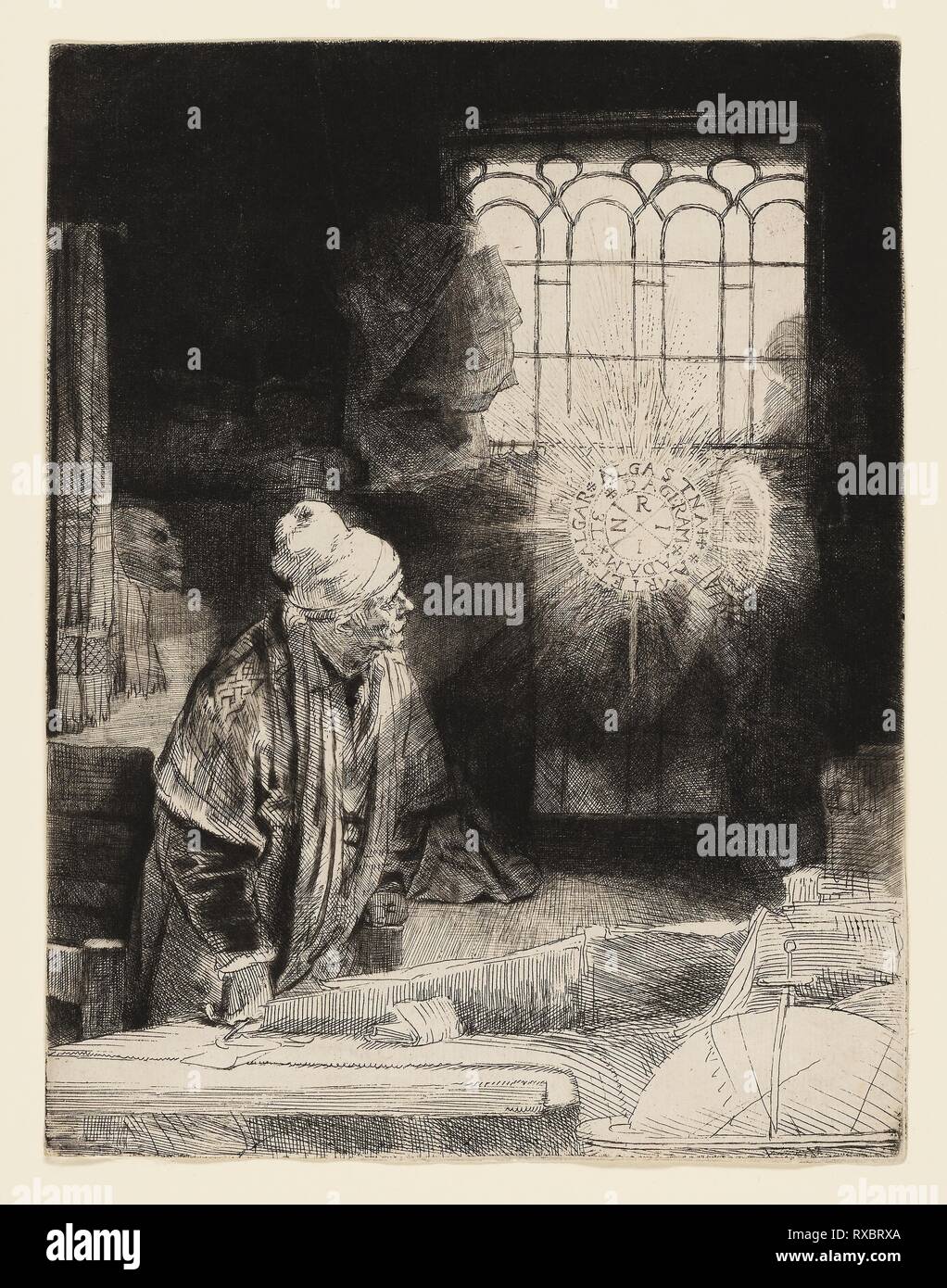 A Scholar in His Study (Faust). Rembrandt van Rijn; Dutch, 1606-1669. Date: 1647-1657. Dimensions: 210 x 161 mm (image/plate). Etching, drypoint and engraving on white laid paper. Origin: Holland. Museum: The Chicago Art Institute. Author: REMBRANDT HARMENSZOON VAN RIJN. HARMENSZOON VAN RIJN REMBRANDT. Rembrandt van Rhijn. MEPHISTOPHELES. Stock Photo