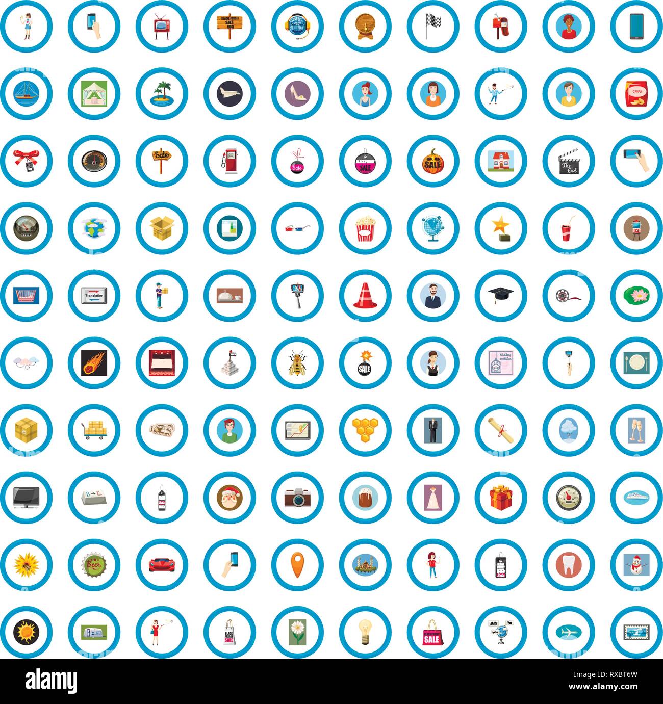 100 emblem icons set, cartoon style Stock Vector