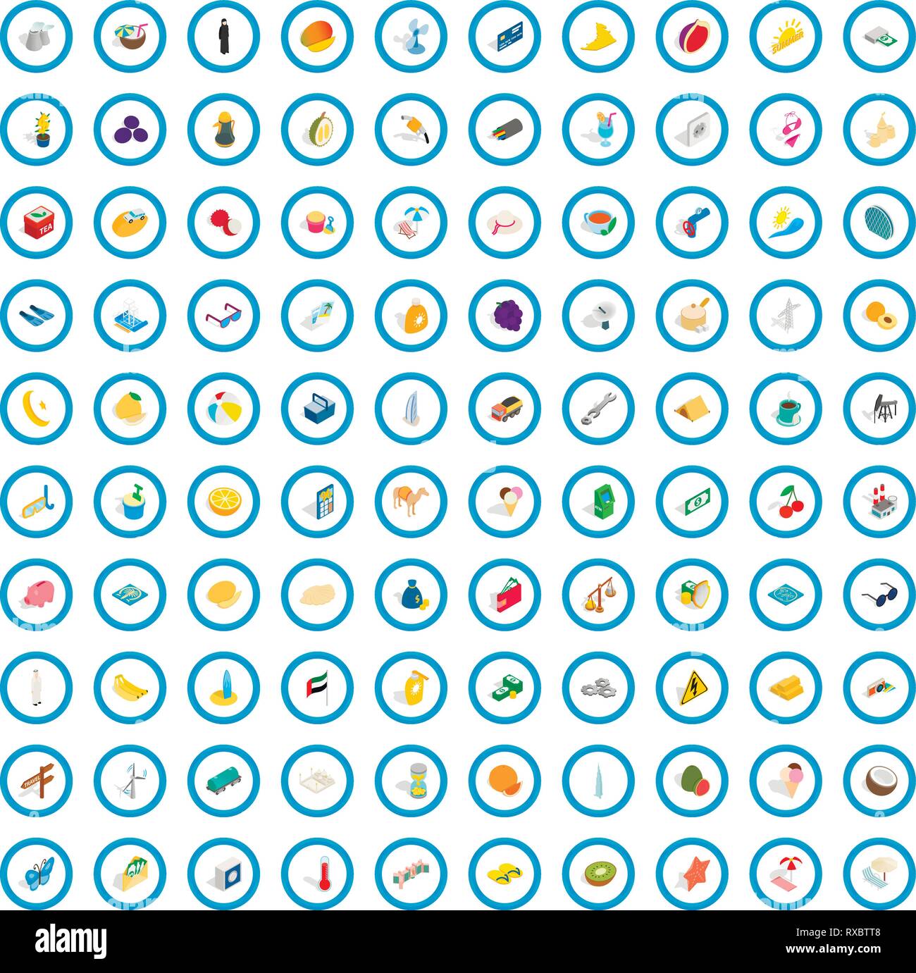 100 emirates icons set, isometric 3d style Stock Vector
