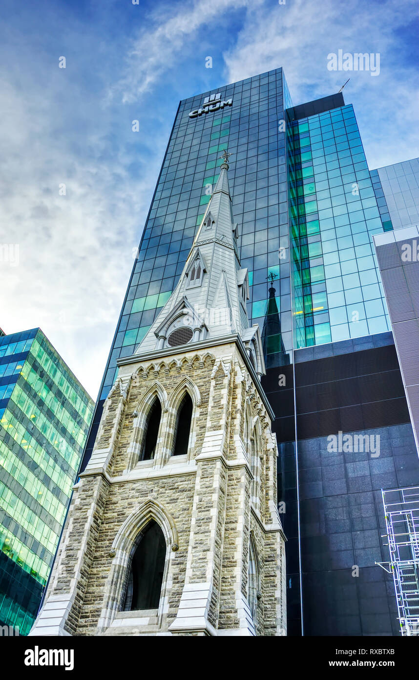steeple of Eglise Saint-Sauveur, Saint Denis Street, Montreal, Quebec, Canada Stock Photo