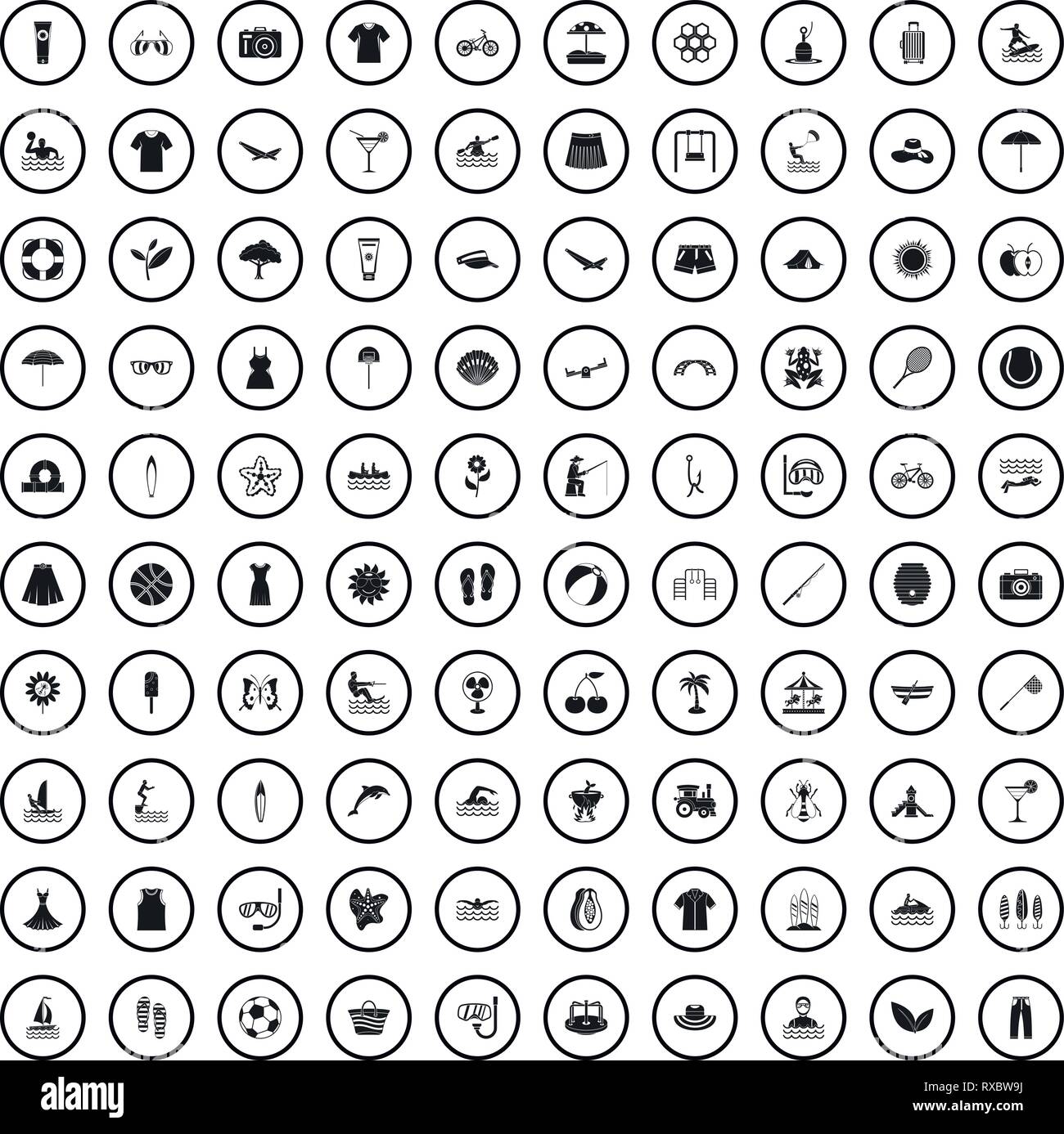 100 summer icons set in simple style Stock Vector