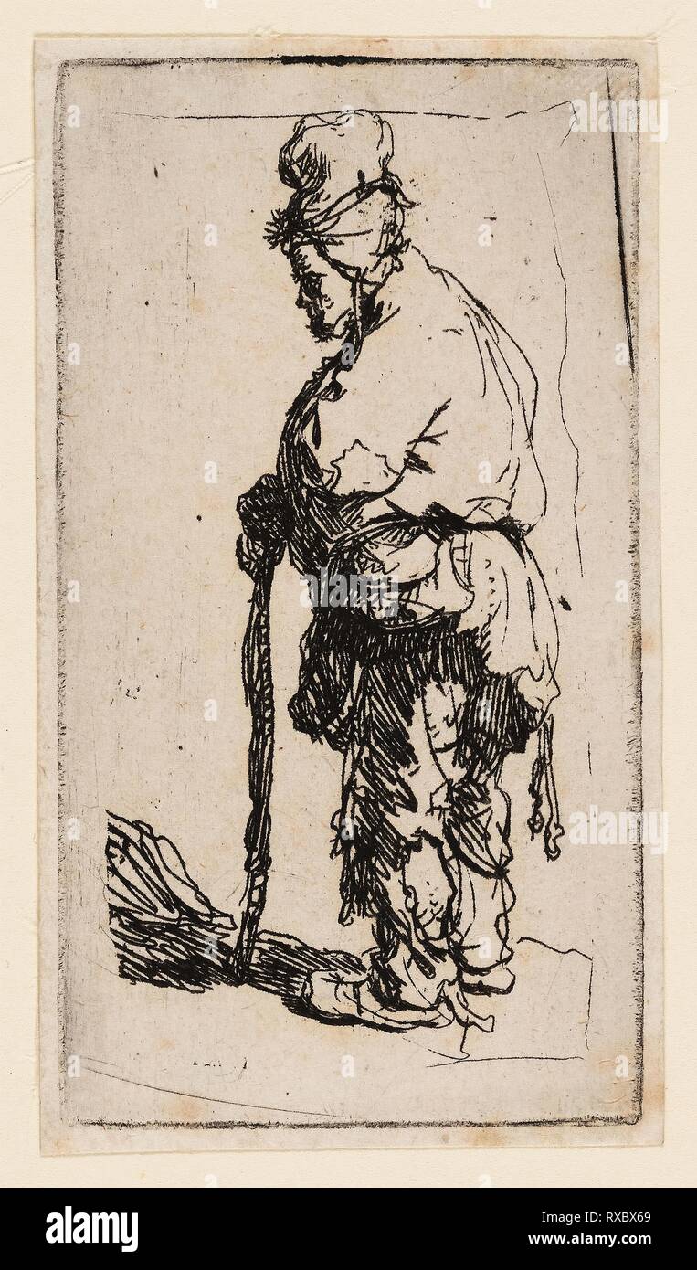 Beggar Leaning on a Stick, Facing Left. Rembrandt van Rijn; Dutch, 1606-1669. Date: 1625-1635. Dimensions: 85 x 47 mm (plate); 88 x 50 mm (sheet). Etching on ivory laid paper. Origin: Holland. Museum: The Chicago Art Institute. Author: REMBRANDT HARMENSZOON VAN RIJN. Stock Photo