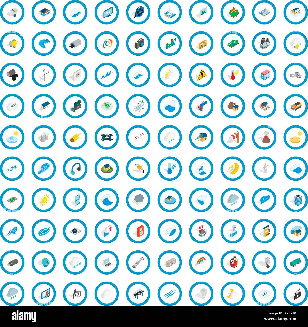 100 energy icons set, isometric 3d style Stock Vector