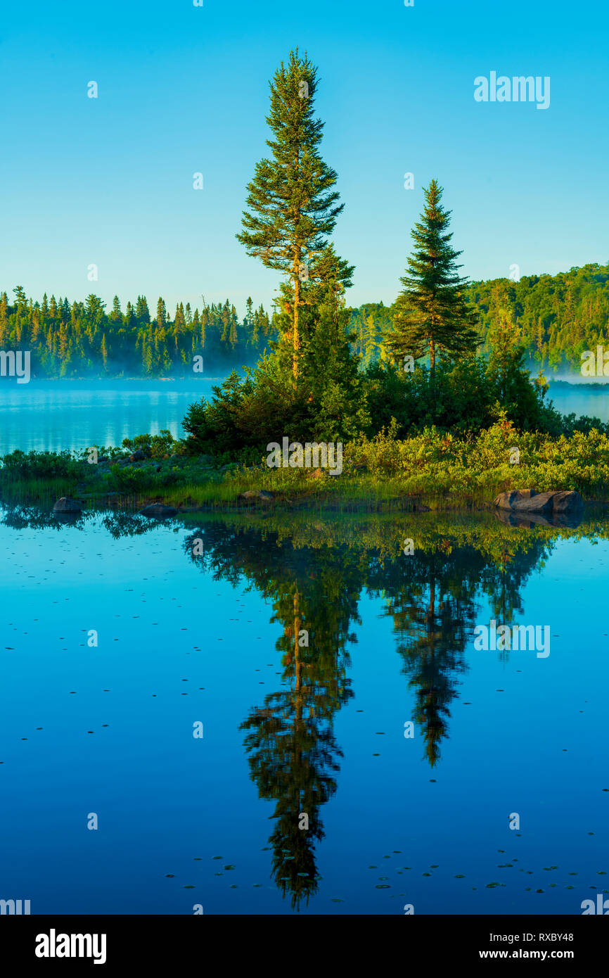 Island in Mijinemungshing Lake early morning, Lake Superior Provincial Park, Ontario, Canada Stock Photo