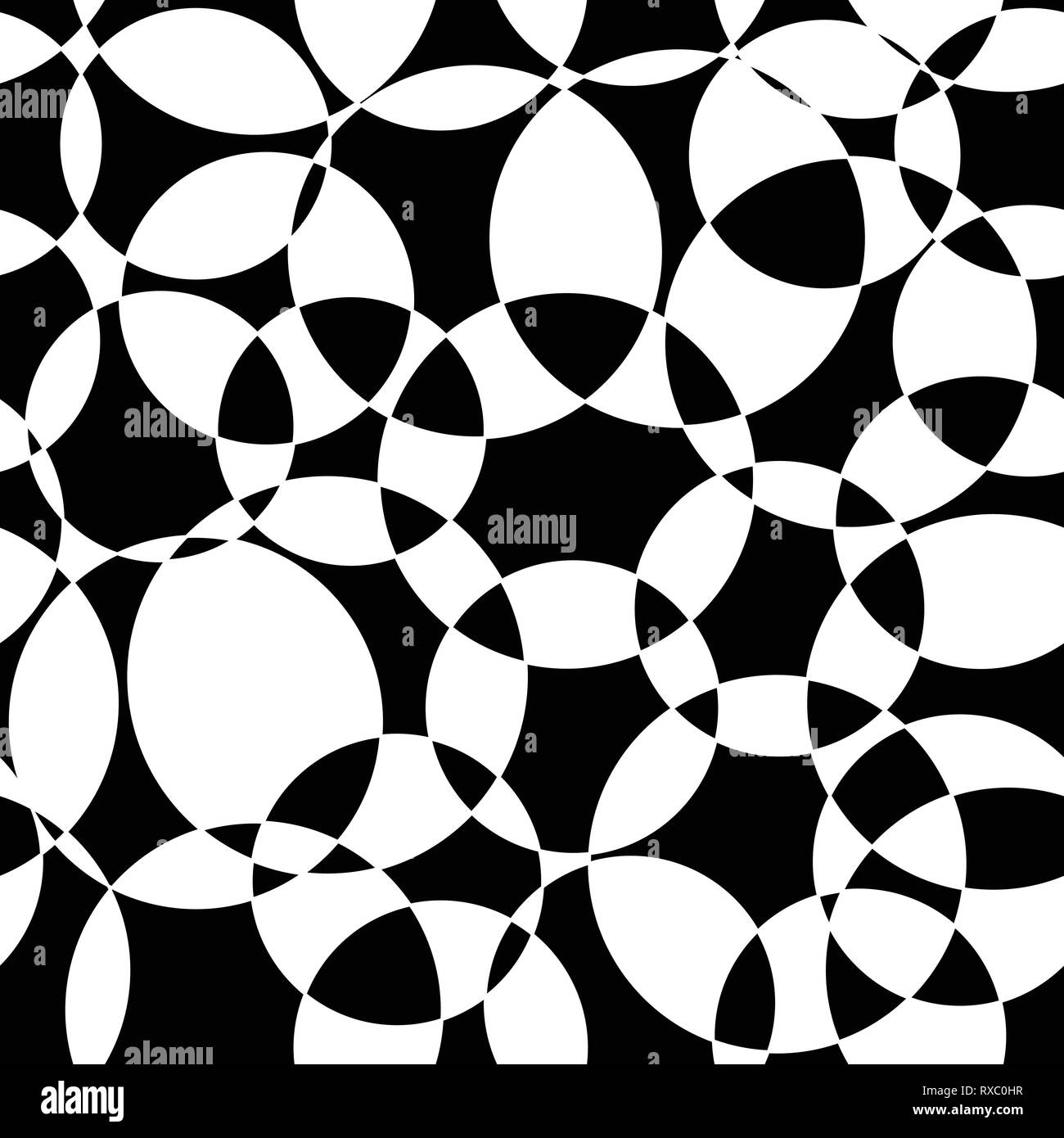 Monochrome Abstract background black and white intersecting circles seamless vector pattern. Modern backdrop overlapping circles. Design for web Stock Vector