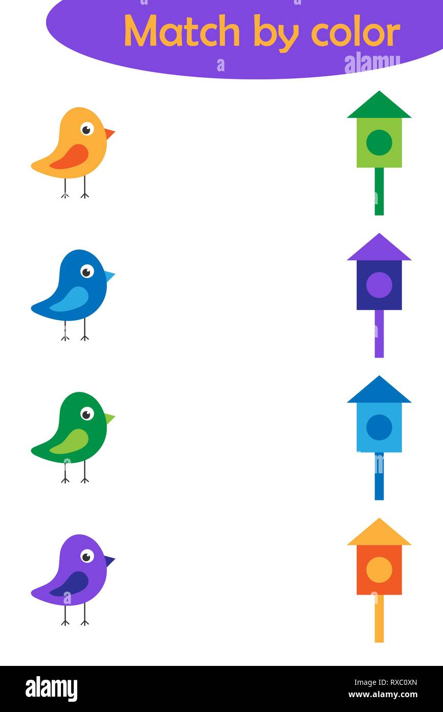 Matching game for children, connect colorful birds with same color nesting box, preschool worksheet activity for kids, task for the development of log Stock Vector
