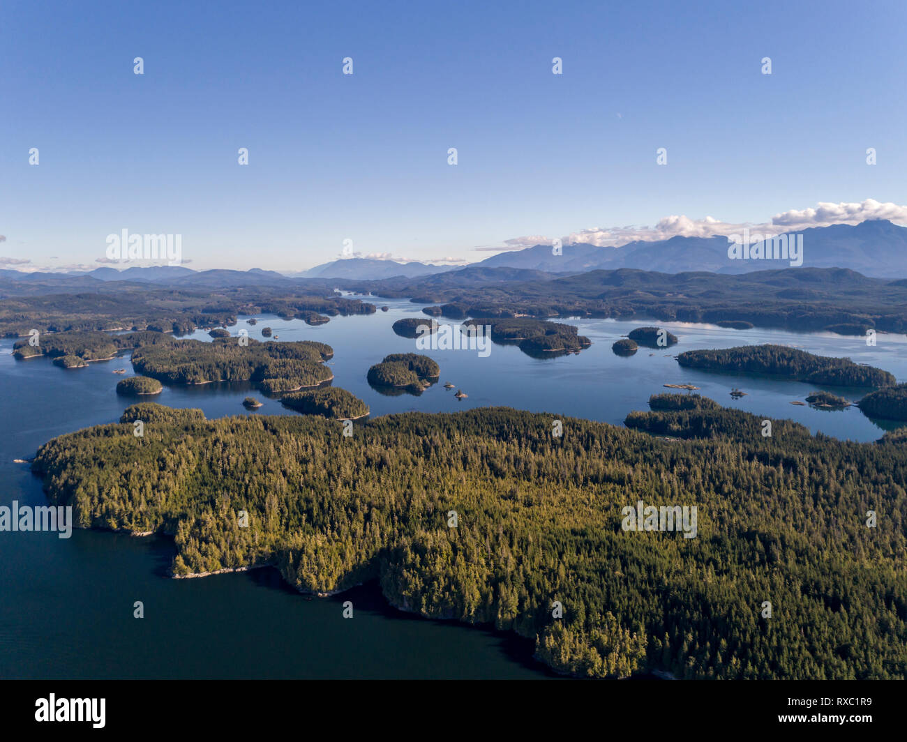 Aerial photograph of the Broughton Archipelago Marine Park, First Nations Territory, British Columbia, Canada. Stock Photo