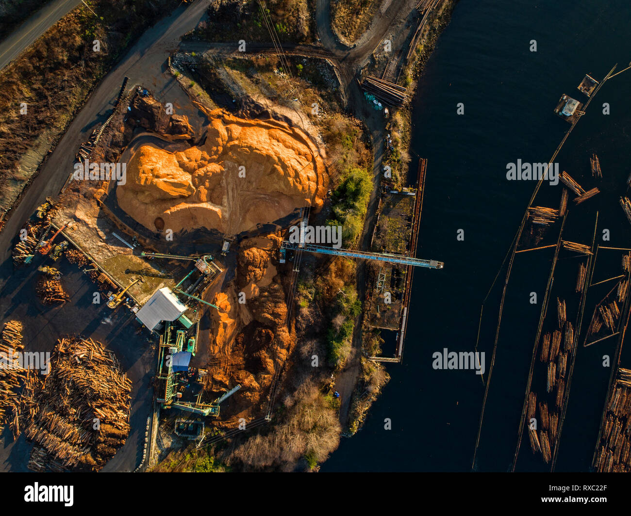 Aerial view of logs in the water at Beaver Cove Log Sort near Telegraph Cove, Northern Vancouver Island, British Columbia, Canada. Stock Photo