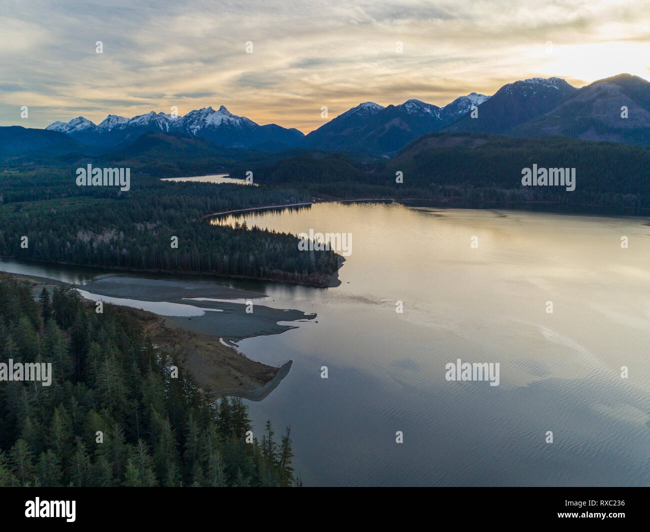 Aerial photo of Nimpkish Lake and Nimpkish River on a late winter afternoon, British Columbia, Canada. Stock Photo