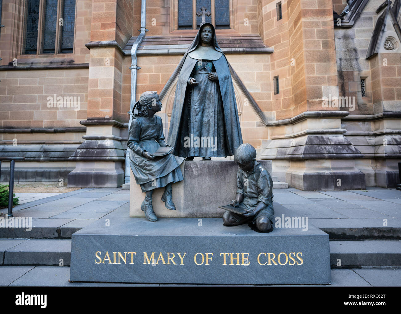 Statue of Saint Mary of the Cross an Australian cononised nun outside of St Mary's Cathedral in Sydney NSW Australia Stock Photo