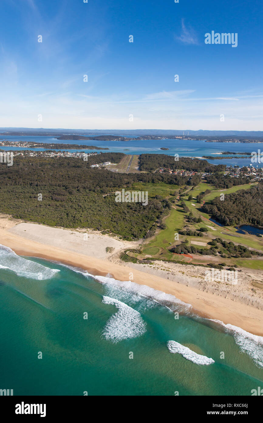 Coastal aerial view of Blacksmiths Beach and Lake Macquarie south of Newcastle NSW Australia Stock Photo