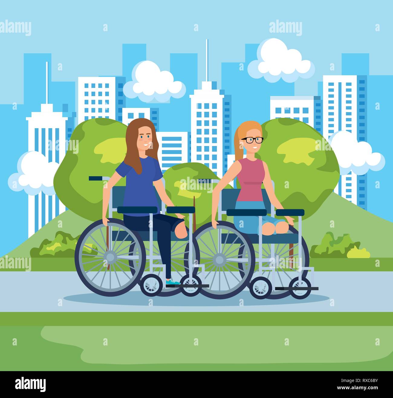 women sitting in wheelchair without legs and cityscape Stock Vector