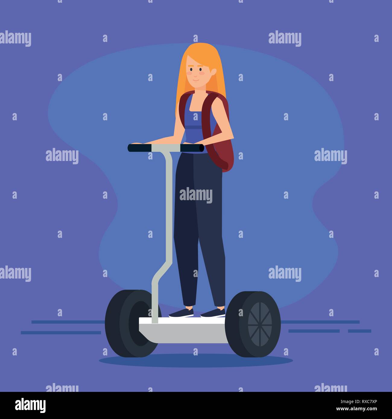 woman with backpack riding electric scooter Stock Vector