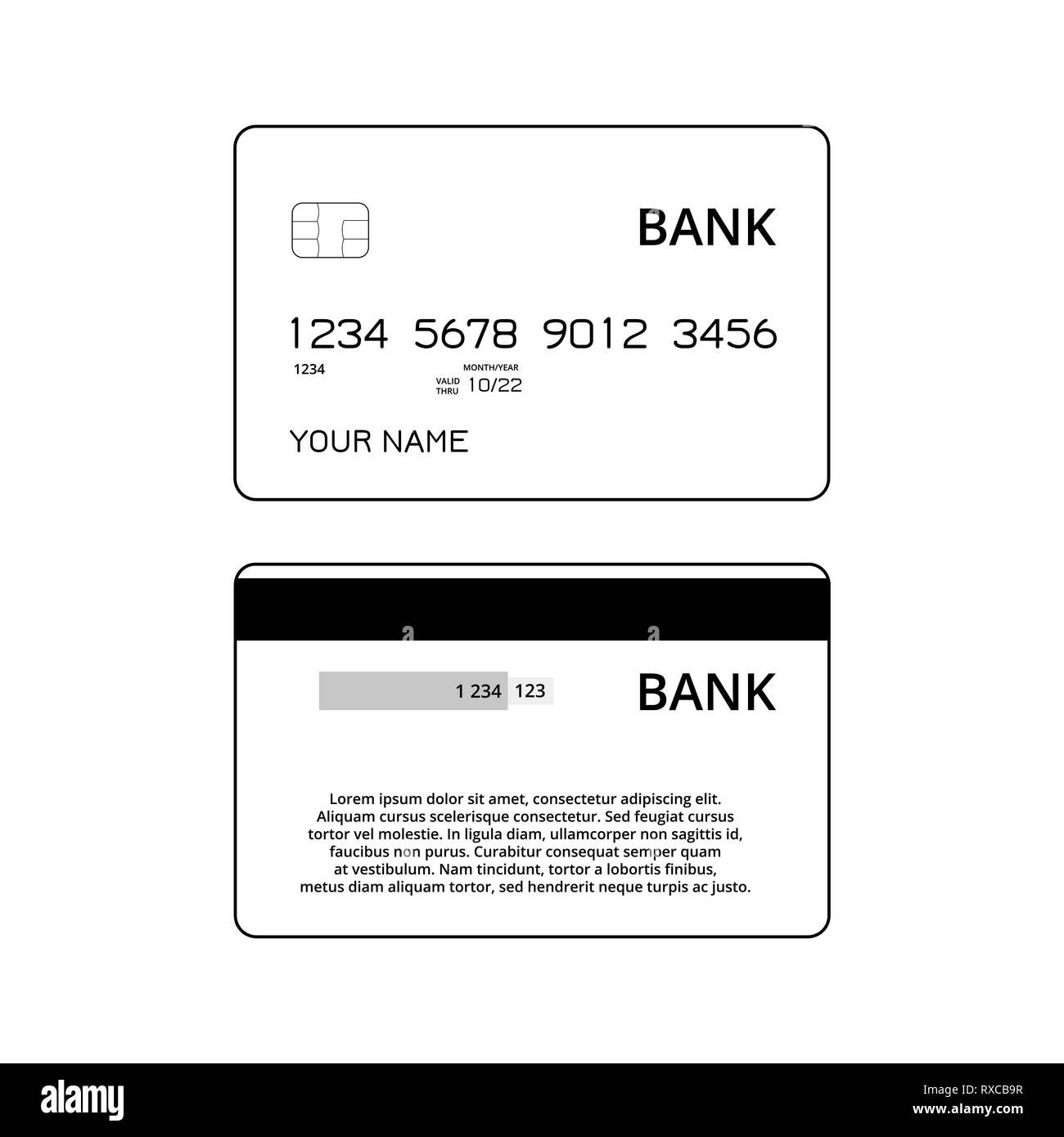 Credit or debit cards templates. Black and white illustration Stock