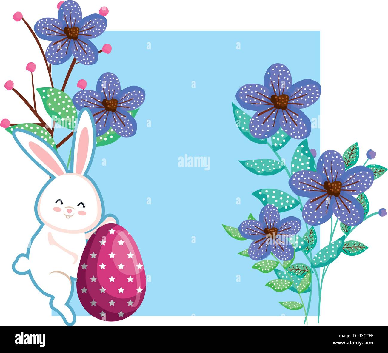 cute rabbit with easter egg painted and square floral frame Stock ...
