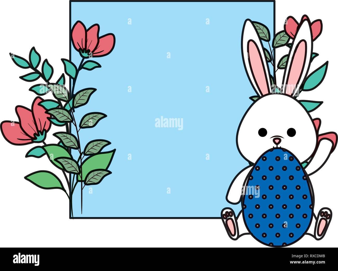 cute rabbit with easter egg painted and square floral frame Stock ...