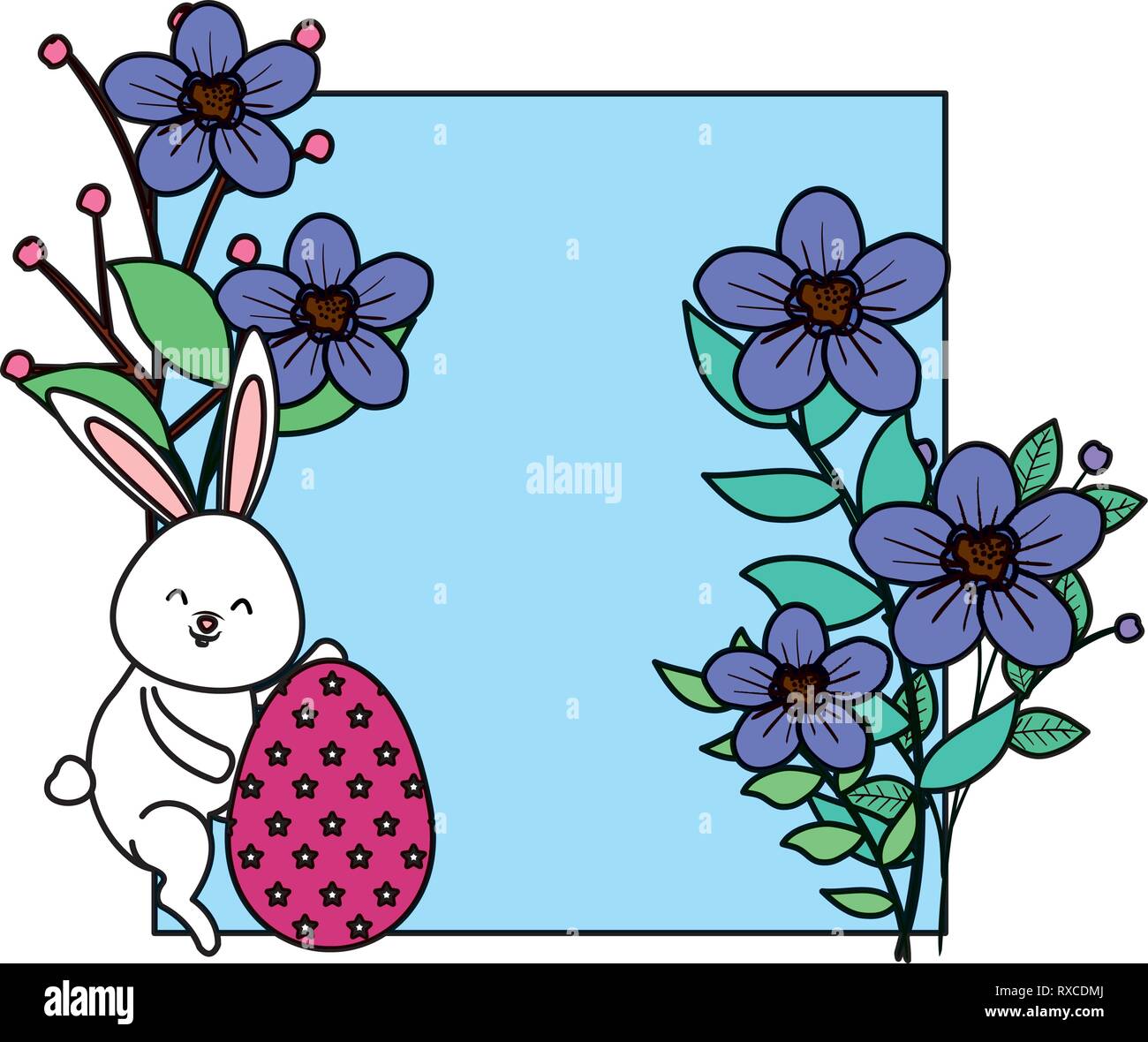 cute rabbit with easter egg painted and square floral frame Stock ...