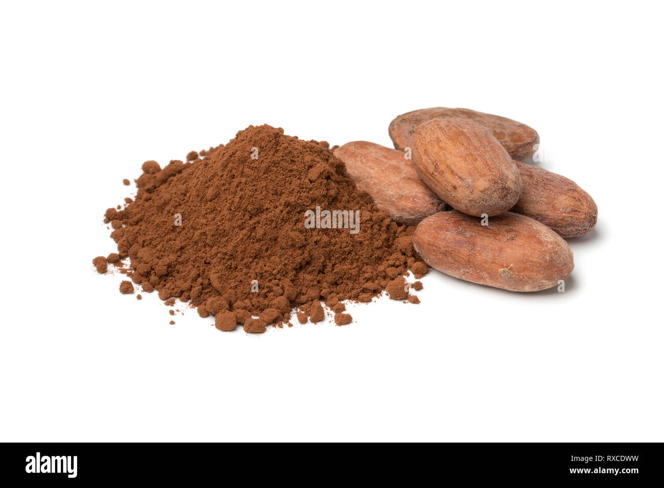 Heap of whole cocoa beans and cocoa powder isolated on white background Stock Photo