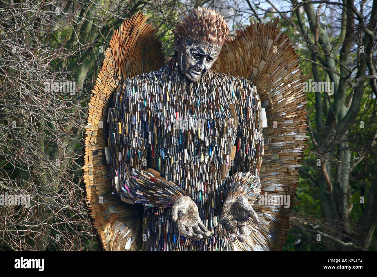 Sculptor Alfie Bradley's Knife Angel on display in Queens Gardens, Hull. The 27ft sculpture made from 100,000 knives was made at the British Ironworks Centre in Shropshire.  Featuring: Atmosphere Where: Hull, United Kingdom When: 06 Feb 2019 Credit: WENN.com Stock Photo