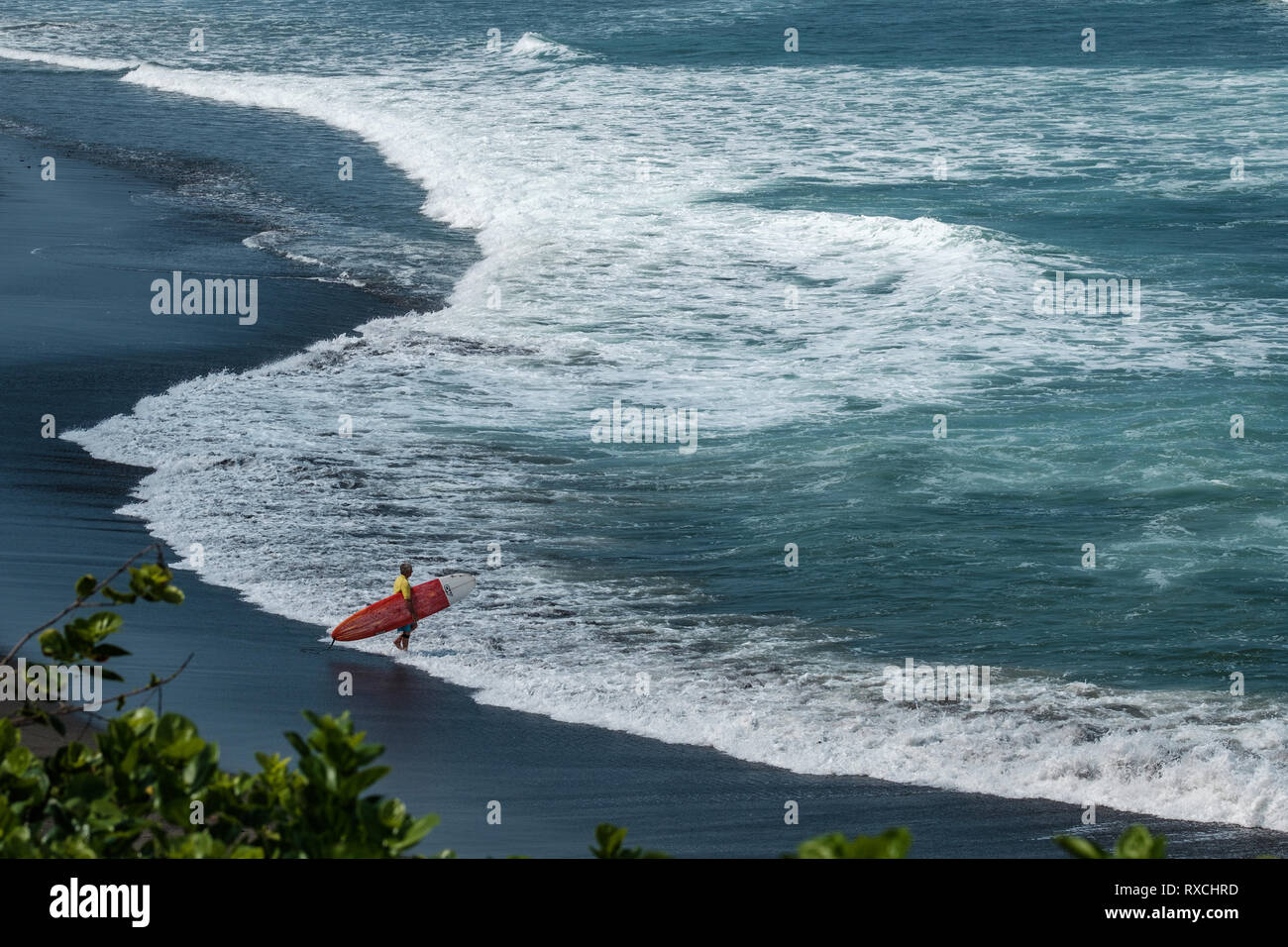 Surfer with a longboard about to paddle out at Balian Beach, Bali, Indonesia. Stock Photo