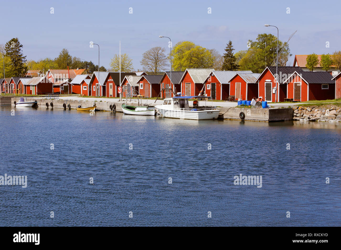 Kappelshamn, Sweden - May 13, 2016: Fishing sheds in the Kappelshamn harbor. Stock Photo