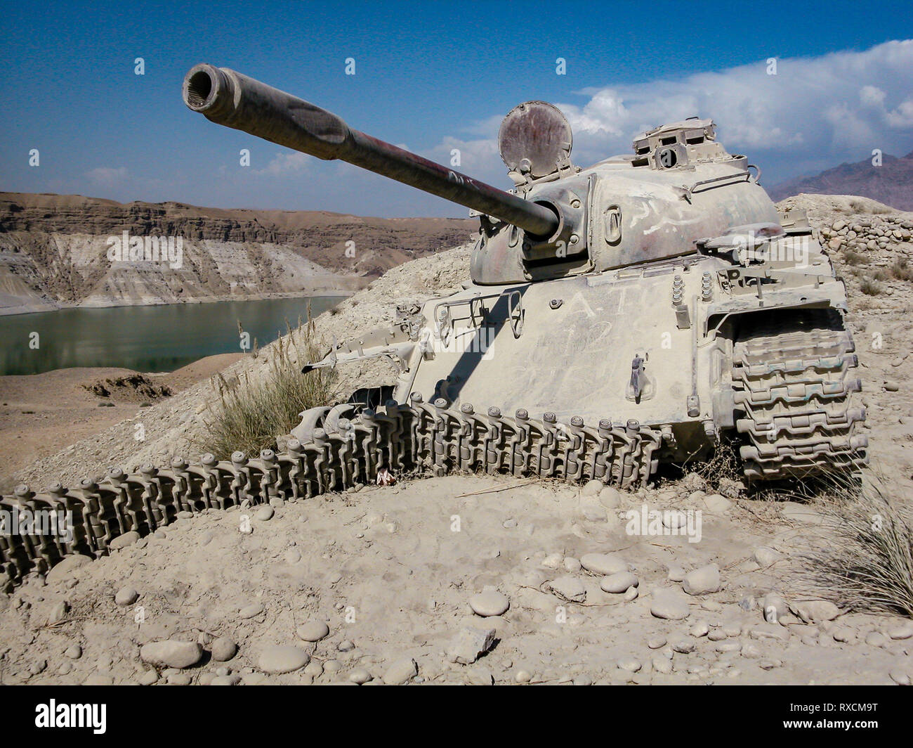 Destroyed Soviet tank on the Jalalabad Road, Afghanistan Stock Photo