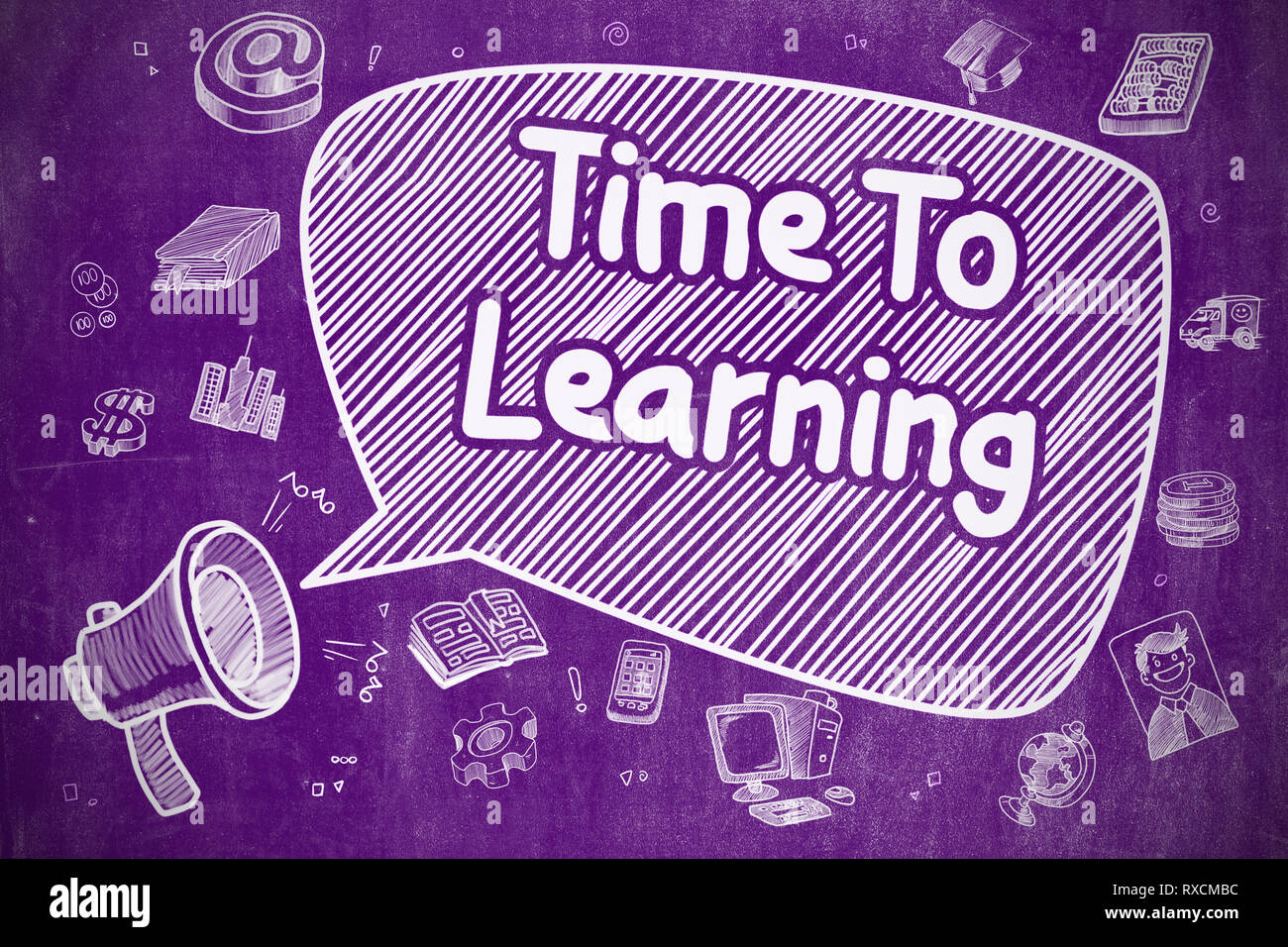 Time To Learning - Doodle Illustration on Purple Chalkboard. Stock Photo