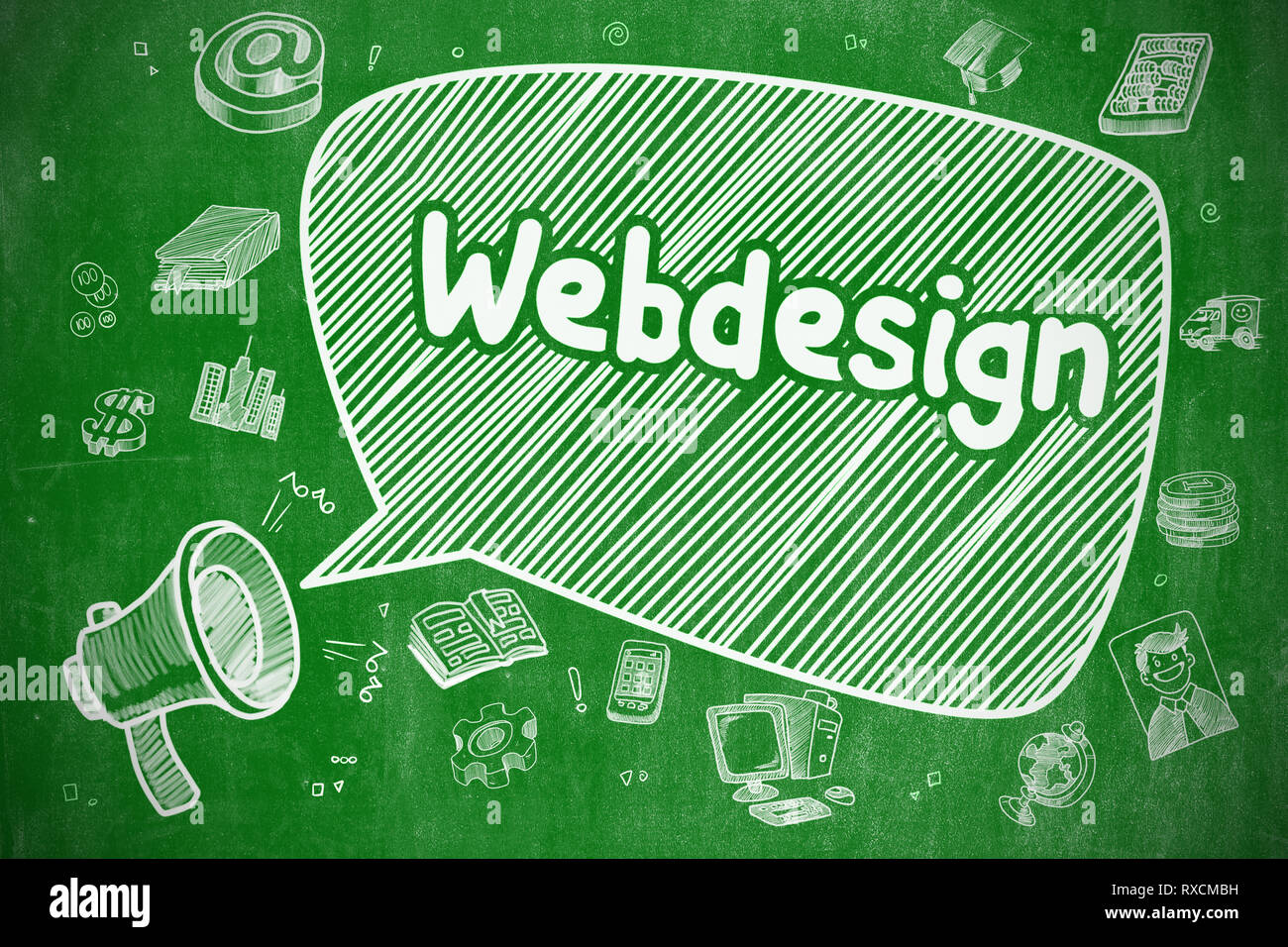 Webdesign - Hand Drawn Illustration on Green Chalkboard. Stock Photo