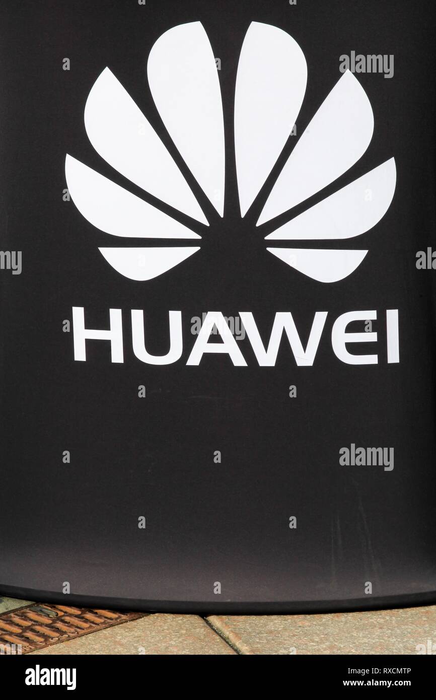 Vejle, Denmark - October 12, 2018: Huawei logo on a wall. Huawei is a Chinese multinational networking and telecommunications equipment and services Stock Photo