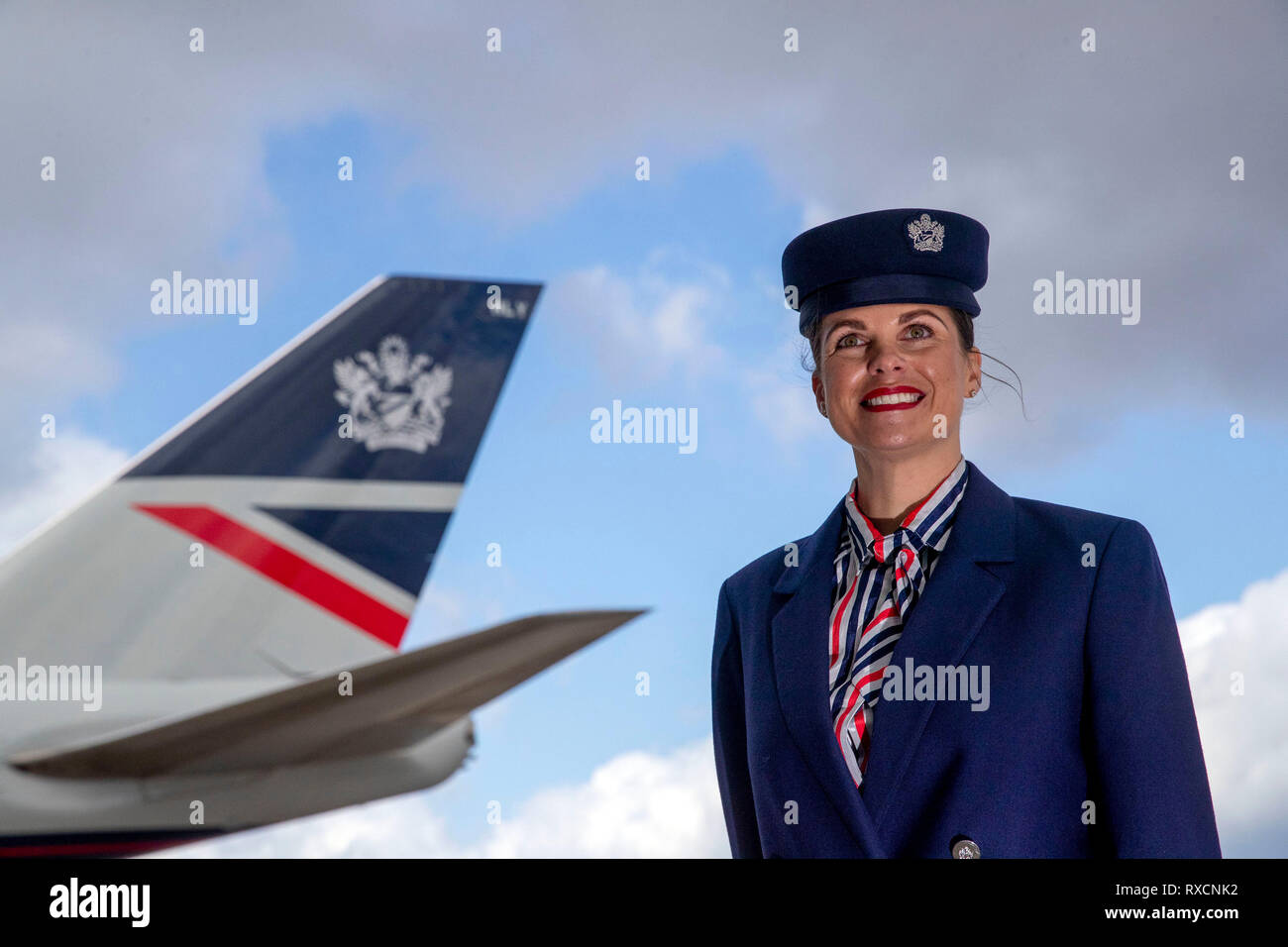 Stephanie Jones stands in front of a Boeing 747 in British Airways Landor  livery, part of British Airways' centenary fleet, which arrived at London's  Heathrow Airport Stock Photo - Alamy
