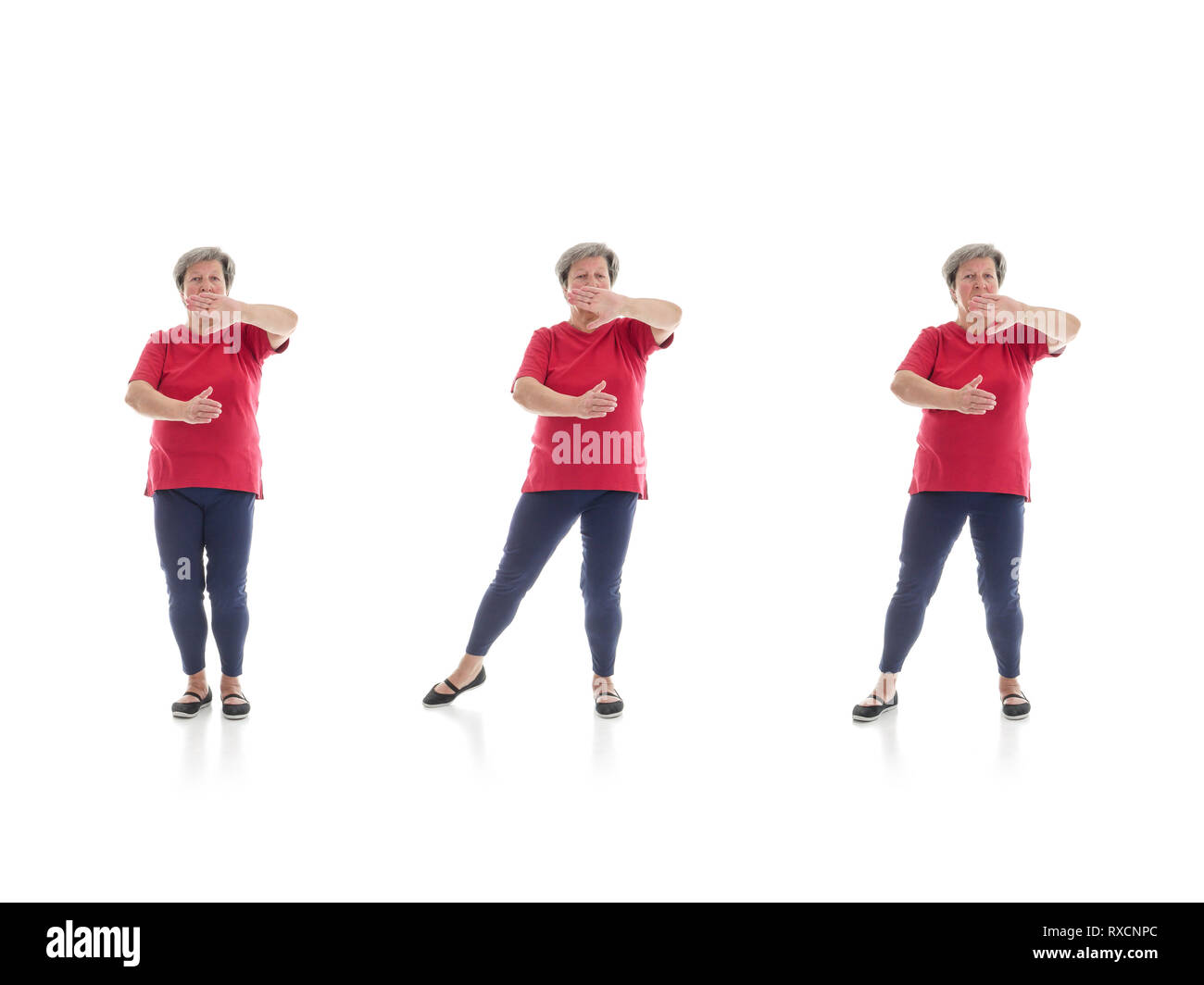 Series of basic Tai chi forms performed by older woman shot on white background Stock Photo