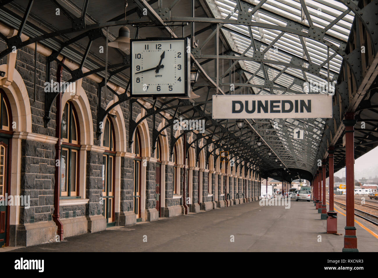 Dunedin, New Zealand - September 24th 2016: platform 1 at famous railway station in Dunedin (Otago), empty train station Stock Photo