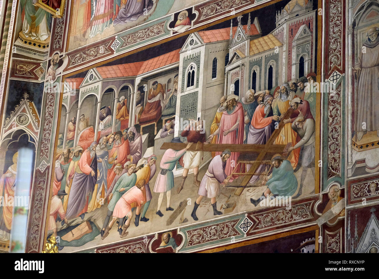 The Isrealites pulling up the wood from the pool where it was found to make the True Cross, fresco by Agnolo Gaddi in Basilica Santa Croce in Florence Stock Photo