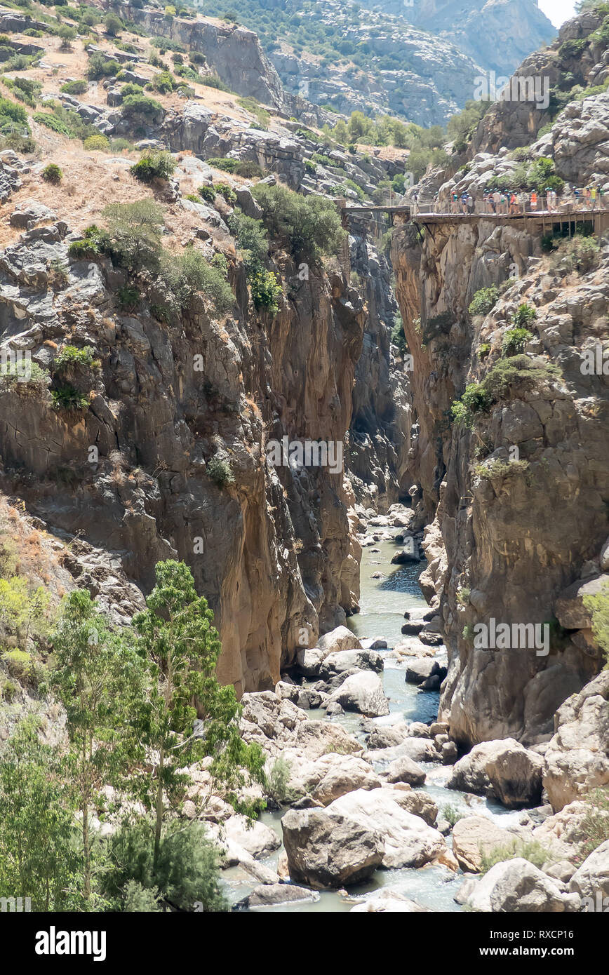 Spain: walking the Caminito del Rey; a walkway created for the hydro-electric workers, recently re-opened to the public. Stock Photo
