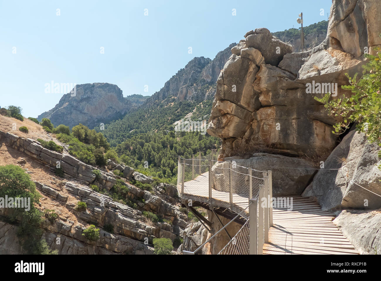 Spain: walking the Caminito del Rey; a walkway created for the hydro-electric workers, recently re-opened to the public. Stock Photo